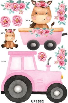 a pink truck with flowers and animals on it