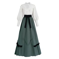 PRICES MAY VARY. 2 PIECE SET VICTORIAN COSTUME:The women's Victorian dress costume includes a white victorian blouse paired with a maxi green Victorian skirt. The victorian edwardian dress features a flattering, flowing design that ensures both comfort and authenticity. Perfect for those who wish to step back in time and experience the elegance and charm of the 1800s Victorian Edwardian era. FEATURES:The Renaissance shirt has a layer cape draping the shoulders. Long puffed sleeves gather at the Victorian Servants Dress, 1900 Fashion Women Dresses, Victorian Casual Dress, Victorian Winter Clothes, Casual Victorian Dress, 1800s Chemise, Victorian Gowns Ball, Victorian Bridesmaid Dress, Victorian Era Costumes