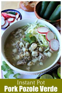 instant pot pork pozole verde soup with radishes and celery