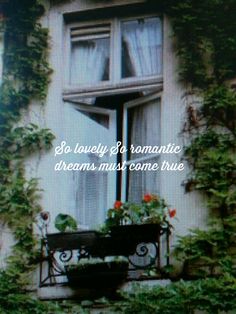 an image of a balcony with flowers and plants on the window sill that says, so lovely & romantic dreams must come true