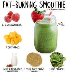 a green smoothie in a mason jar with ingredients to make it