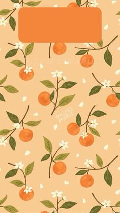 an orange and white background with flowers and leaves