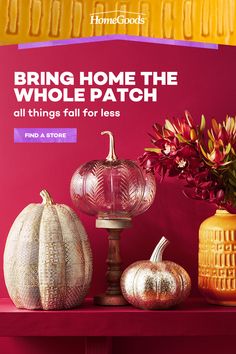 an advertisement for home goods with decorative pumpkins and flowers on a shelf in front of a pink background