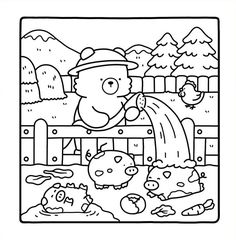 a coloring page with an image of a pig playing in the water and other animals