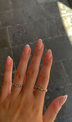 French Summer Style Nails, Blue Dot French Nails, White French Tip Nails Blue Dots, Short Acyrilics Nails Designs Almond, August Nails Inspo 2024, Blue Nails White Dots, Greece French Tip Nails, Blue Dot French Tip, Colored French Tip Nails Natural