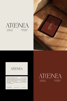 the logo for atonea is shown in three different colors and font styles, including brown