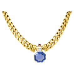 Unheated natural vivid sapphire, with GIA certificate states "natural sapphire, no indications of heating ", measurement 13.00 x 13.75 x 5.42mm Diamonds tested and are natural Necklace 14.5 inches long and 7mm wide Marked: Bvlgari B05083 750 on chain and Bvlgari C2080 750 9.89cts Total Weight : 82.5 grams Bulgari Necklace, Chopard Necklace, Bvlgari Necklace, Sapphire Diamond Necklace, Bulgari Jewelry, Natural Necklace, Rings Luxury, Gia Certificate, Vintage Pendant Necklace