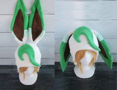 two pictures of the head of a person wearing a green and white bunny ears hat