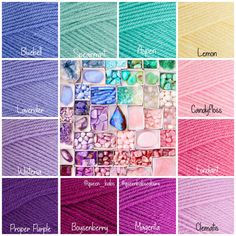 different colors of yarn with the names in each color and text above it that says,