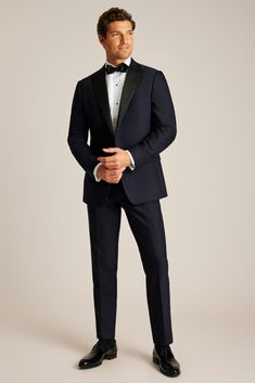 Luxe Italian wool from Marzotto® with a hint of stretch brings this vintage-inspired tuxedo to the modern era. Men’s Wedding Suits Bow Tie, Men’s Tux For Wedding, Groom And Groomsmen Attire Tuxedo, Wedding Black Suits Men, Black And White Mens Wedding Attire, Mens Black Tie Wedding Guest, Simple Groom Attire Black, Summer Tuxedo For Men, Navy And Black Tux Wedding