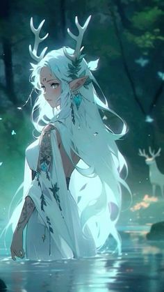 a woman with white hair and deer horns standing in the water, surrounded by trees