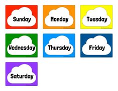 six days of the week with clouds in different colors and words on them, including wednesday