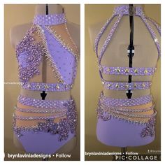 two pictures of the back of a woman's purple leotard with sequins and beads