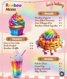 the menu for rainbow desserts is shown in this graphic art style, with colorful icing and toppings