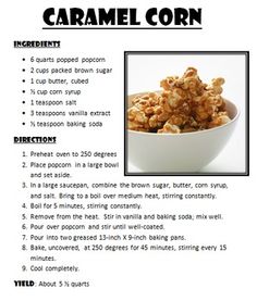 a recipe for caramel corn in a bowl