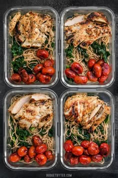 four plastic containers filled with chicken, tomatoes and noodles