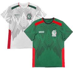 two mexico soccer jerseys, one white and the other green with an image of a dragon on it