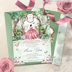 the princess is in her pink dress on the green and white wedding card with roses