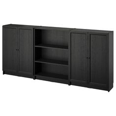 a black cabinet with three doors and two shelves