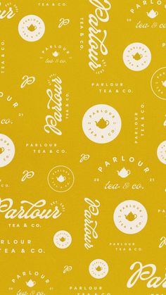 Logos and marks on a yellow, gold background. Yellow Gold Background, Gold Graphic Design, Tea Logo