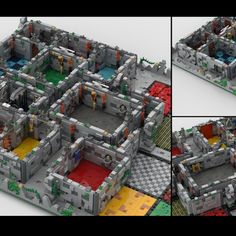 two pictures of a castle made out of legos, one is grey and the other is red