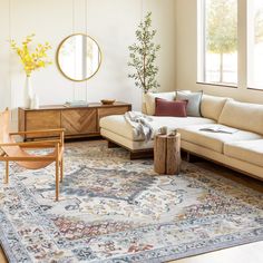 a living room filled with furniture and a large rug