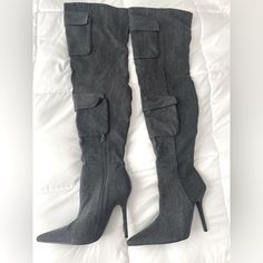 Over The Knee, Dark Grey Denim Boot, Size 8, Actual Pockets. Chic Fitted Gray Boots, Gray Fitted Boots For Fall, Denim Boots, Grey Denim, Dark Denim, Over The Knee Boots, Over The Knee, Knee Boots, The Knee