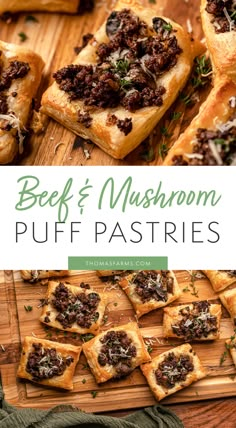 beef and mushroom puff pastries on a cutting board with text overlay that reads beef and mushroom puff pastry