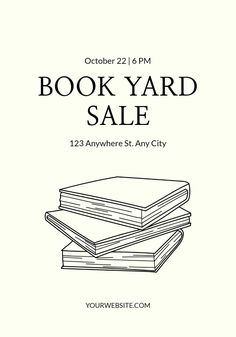 a book yard sale flyer with three books stacked on top of each other in black and white