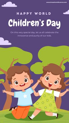 children's day card with two kids on the grass and trees in the background