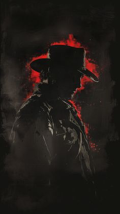 a man wearing a hat and standing in front of a red background with the shadow of his face