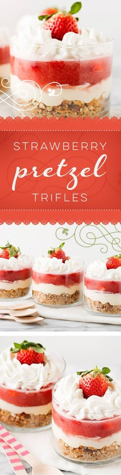 strawberry pretzel trifles with whipped cream and fresh strawberries on top