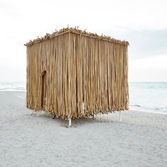 a hut made out of sticks on the beach