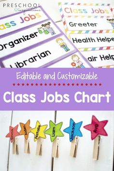 classroom jobs chart with colorful stars on clothes pins