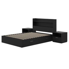 a black bed frame with drawers underneath it