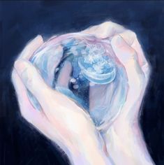 a painting of two hands holding a glass ball