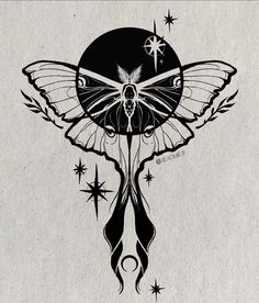 a black and white drawing of a butterfly with stars on it's wings, in the shape of a clock