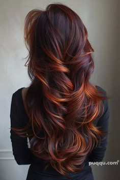 Inspirational Dark Hair Color Ideas to Refresh Your Look#HairColorInspiration #ChicHues #HairGoals #PinterestHairTrends #girlstiptop Dark Brown With Strawberry Highlights, Chocolate Brown Hair With Orange Highlights, Scorpio Hair Color, Brown Hair With Red Orange Highlights, Burgundy Hair With Orange Highlights, Dark Red Hair With Orange Highlights, Copper Red Highlights In Black Hair, Dark Hair With Red Highlights, Rambut Brunette