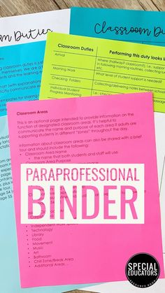 three different colored papers with the words paraprofessional binder on them