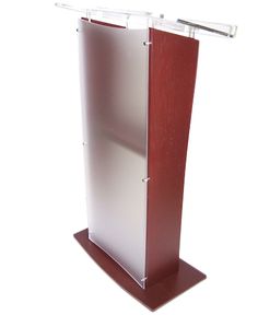 a red and white podium with a glass shelf on the top, in front of a white background