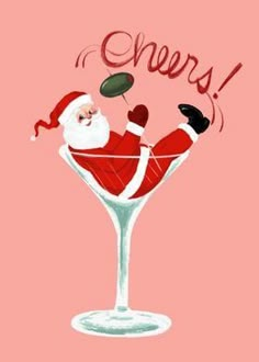 a santa clause in a martini glass with the words cheers