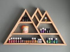 a wooden shelf filled with bottles and essentials on top of a gray wall next to a potted plant