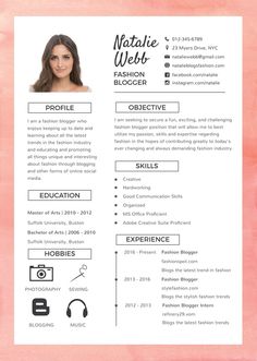 a professional resume template with pink watercolor background