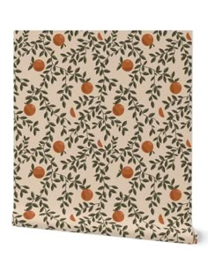 an orange and green wallpaper with leaves on it