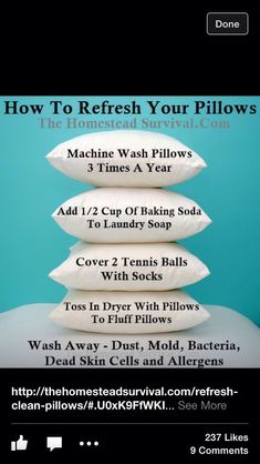 four pillows stacked on top of each other with the words how to refresh your pillows