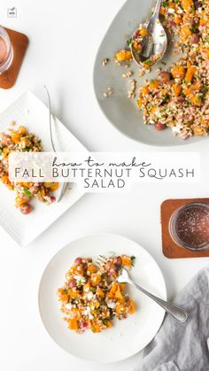 two plates with food on them and the words, four ways to make fall butternut squash salad