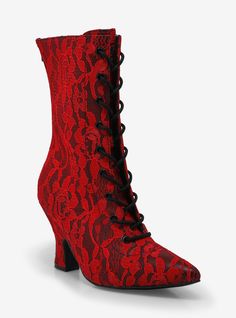 The Victorian Era welcomes you in these heel boots! They are black faux leather and are covered with a red lace overlay  and black tricot lining. There is a back zipper closure  with a black rubber outsole. Listed in women's sizes.Heel: 3''Polyurethane upper; rubber soleImported Luxury Lace-up Boots With Reinforced Heel And Snip Toe, Red And Black Heels Boots, Luxury Trendy Lace-up Boots With Round Toe, Luxury Ankle-high Lace-up Boots With Reinforced Heel, Luxury Lace-up Boots With Round Toe, Luxury Leather Lace-up Boots With Closed Toe, Luxury Fitted Lace-up Boots With Round Toe, Luxury Women's Ankle-high Lace-up Boots, Red Bridal Boots