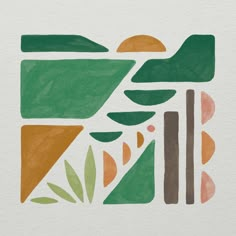 an abstract painting with green, orange and brown shapes on white paper in the background