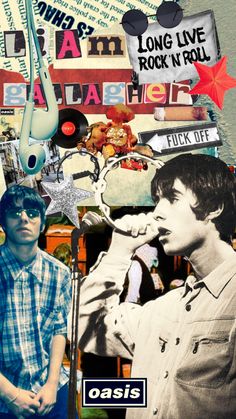 a collage of various images including a man talking on a cell phone and an image of a guitar