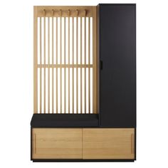 a wooden cabinet with black doors and drawers